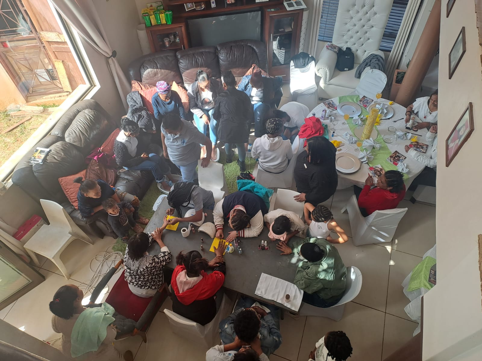 An overhead view of women gathered together